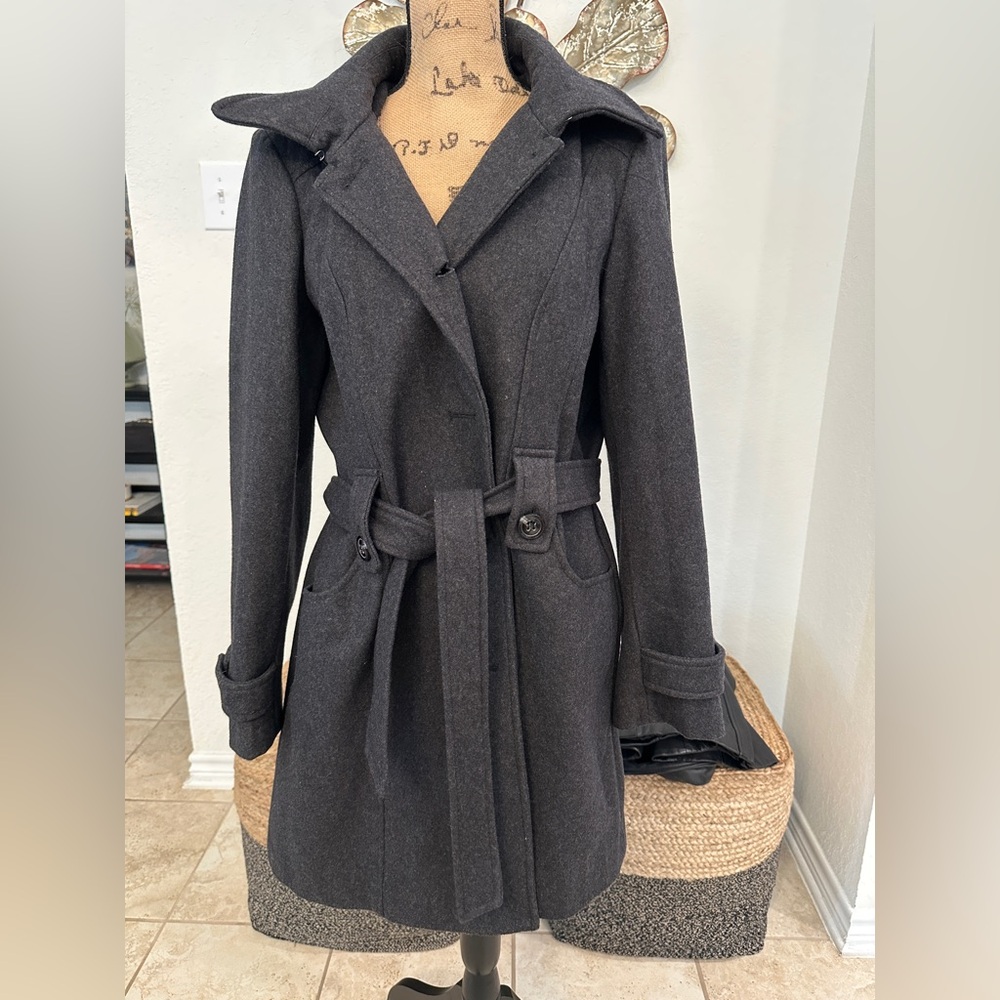 Liz Claiborne Gray Belted Wool Blend Coat - Picture 3 of 8